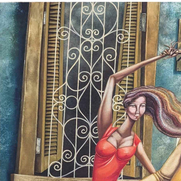 Rene Ramos Bailando Con La Noticia 39x32 Oil Canvas Original Cuban Art Painting 7482.18