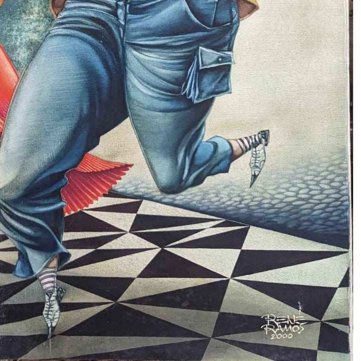 Rene Ramos Bailando Con La Noticia 39x32 Oil Canvas Original Cuban Art Painting 7482.18