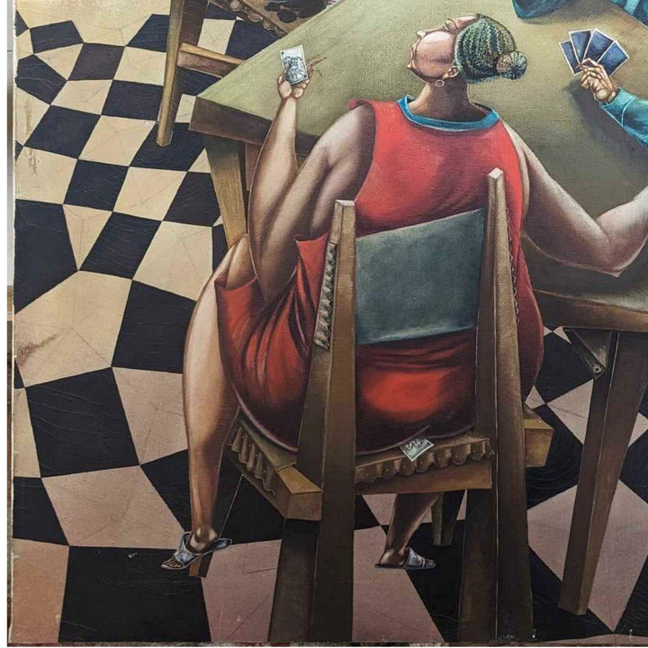 Rene Ramos Jester Card Player 39x32 Oil Canvas Original Cuban Art Painting 2000 7482.19