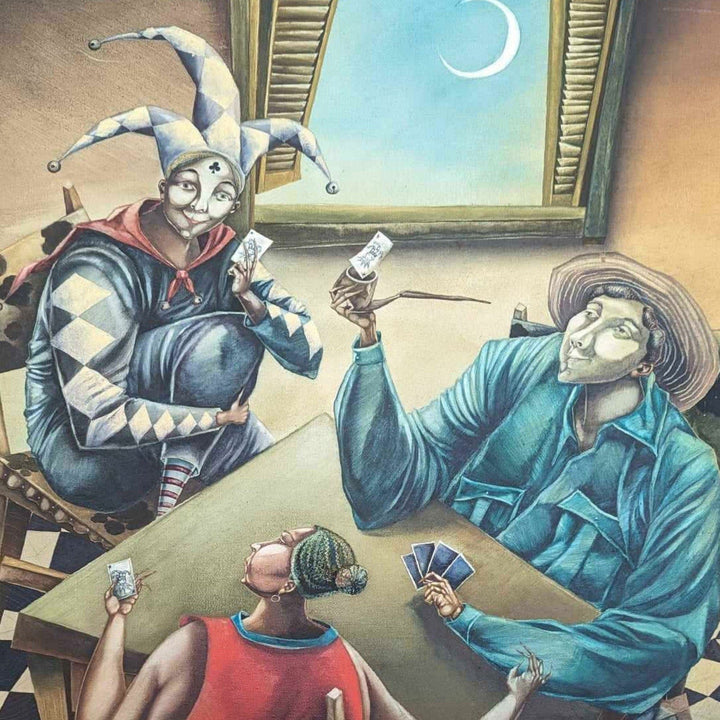 Rene Ramos Jester Card Player 39x32 Oil Canvas Original Cuban Art Painting 2000 7482.19