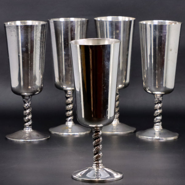 Crosby 5pc Silver Plated Flute Goblets Twisted Grapevine Stem SP S1008 Vintage