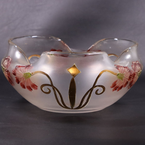 Art Nouveau Austrian Bohemian Glass Tri Lobed Edge Bowl 8.5" HP Gold C. 1910