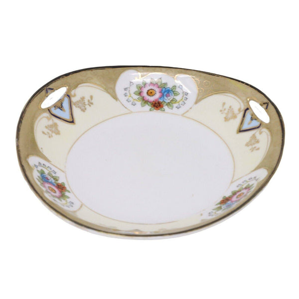 Morimura Art Deco Nippon Three Handled Triangle 7.25" Bowl Floral Gold Antique