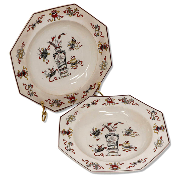 Mintons 2pc Woodseat C2110 Rimmed Soup Bowl Octagonal  Ironstone Antique 1840's