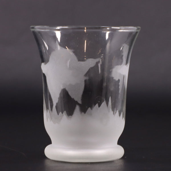 MCM Flying Pheasant or Grouse Frosted Tulip Tumbler Glass Duck Bird Etched