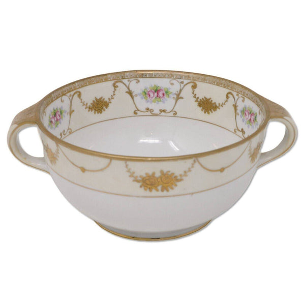 Morimura Bros Nippon 7.5"OD Serving Bowl HP Flowers Gold Handles Antique C 1911