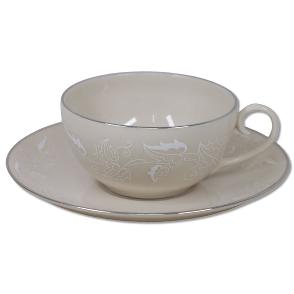 Triomphe Leaf Lace Tea Cup Saucer Set Platinum Trim China Vintage 1980's