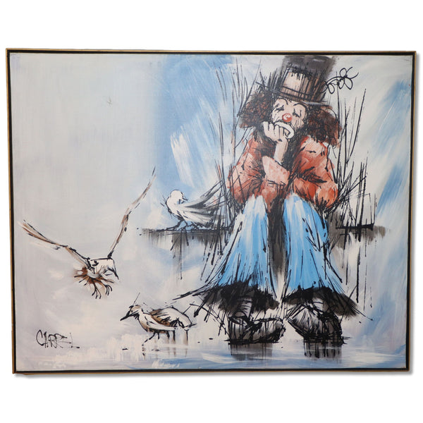 Carrel "The Thinker" 61x48 Huge Sad Clown and Seagull Acrylic Canvas 1973