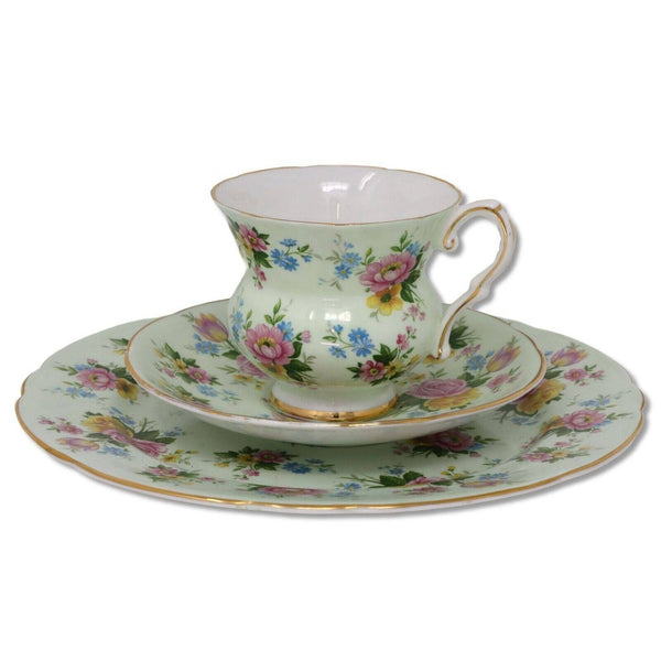 Royal Stafford China June Roses Chintz Gold Rim Teacup Luncheon Plate Trio 1950