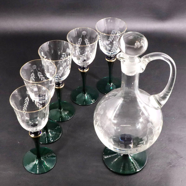 Crystal Clear Industries 6pc Decanter Optic 7" Cordial Glass Cobalt Gold Romania
