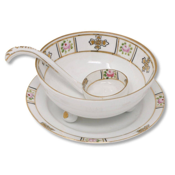 Rising Sun Nippon Soup Bowl with Spoon on Liner Plate HP Gold Pink Roses 1911-21