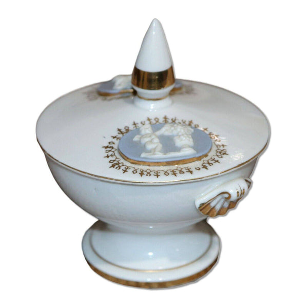 Ucagco Japan Jasperware Cameo Lidded Trinket Dish Wedgwood Style 1960’s Vintage