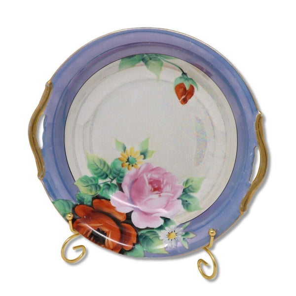 Noritake 10” Lusterware Serving Bowl w/ Hand Painted Roses Blue Gold Japan