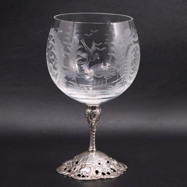 JD Schleissner Sohne German 800 Silver Stemmed Stag Etched Wine Goblets 1900