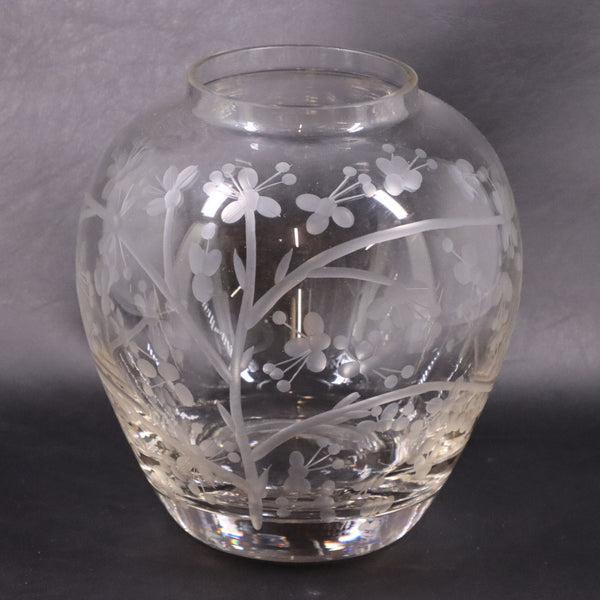 Honeysuckle Etched Hand Blown Crystal Glass Vase Heavy Base Lg Jar Shape 7" H