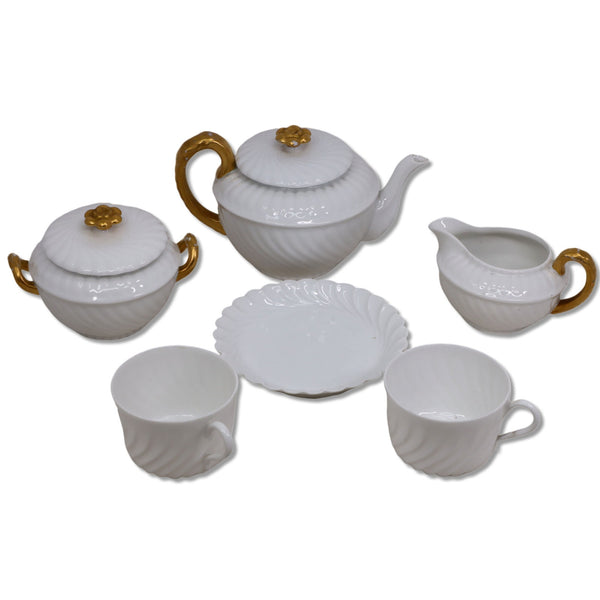 A Lanternier AL Limoges 6pc  Tea Set Pot Creamer Sugar Bowl 2 Cups Circa 1900