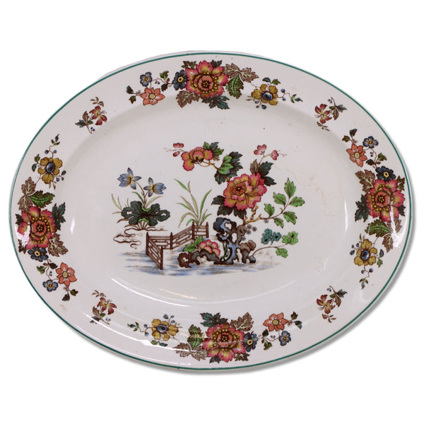 Wedgwood Eastern Flowers TDK 426 Oval Serving Platter 13" Green Trim  1940's