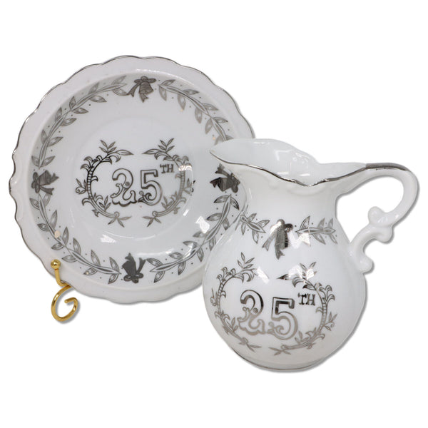 Lefton 25th Anniversary Pitcher and Liner Bowl Silver on White Porcelain