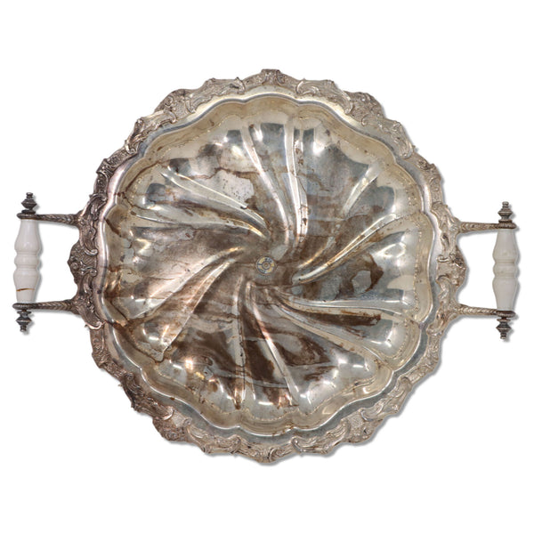 Crown Silver on Copper 16" Serving Tray Swirl Fluted Celluloid Handle 1940's