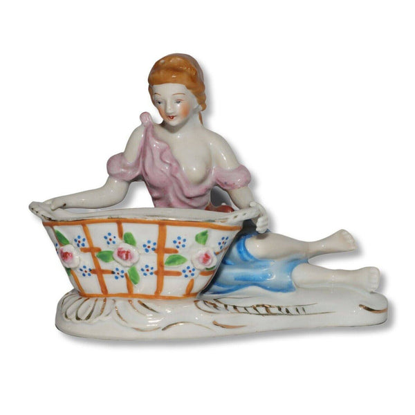 Washwoman Maiden Mincemeat Basket HP Porcelain Figurines 5"x6" Occupied Japan