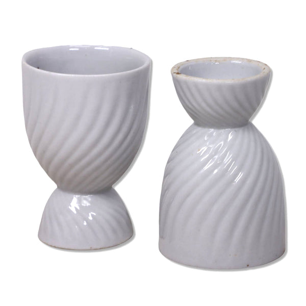 Swirl Fluted White Porcelain Double Egg Cups Vintage 2pcs