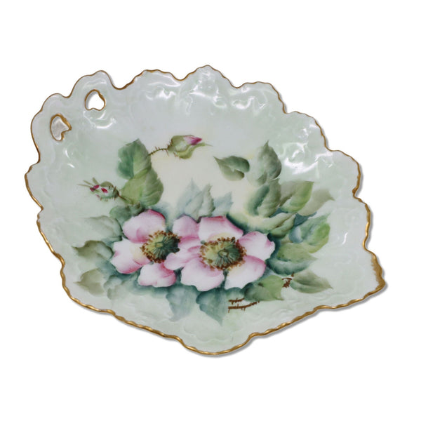 Hand Painted Leaf Shaped Candy Dish Trinket Jewelry Tray Floral Gold Antique