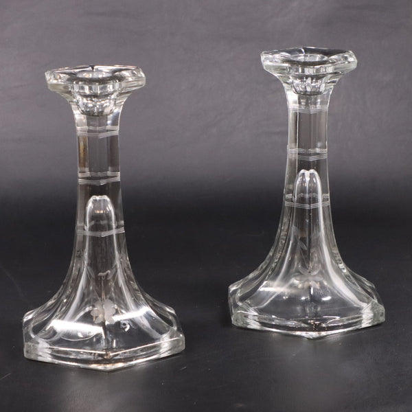 Etched Flower Hexagonal Glass Candlestick Taper Holders 7" Vintage MCM