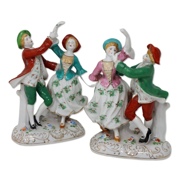 Dancing Colonial Couple Vintage Japanese Porcelain Figural Figurine 22kt Gold