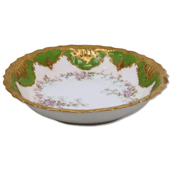 LS & S Lasarus Straus & Son Limoges Pink Rose Green Gold 10.5" Serving Bowl 1900