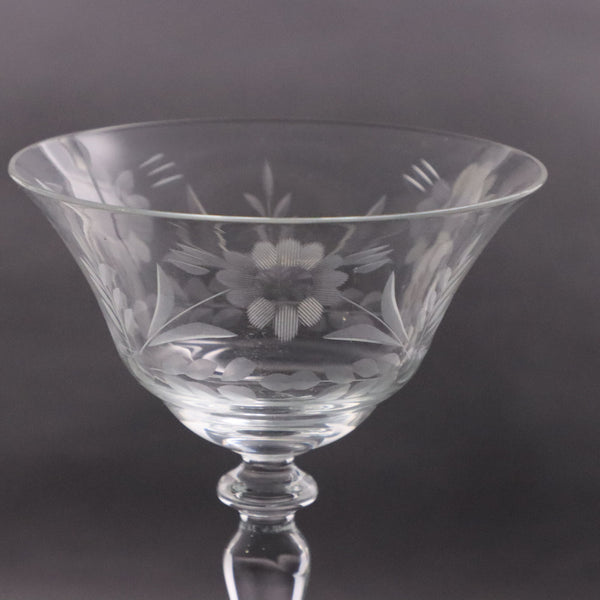 Arcadia ARE14 Sunflower Etched Champagne Sherbet 5 3/8" Romanian Glass 1950's