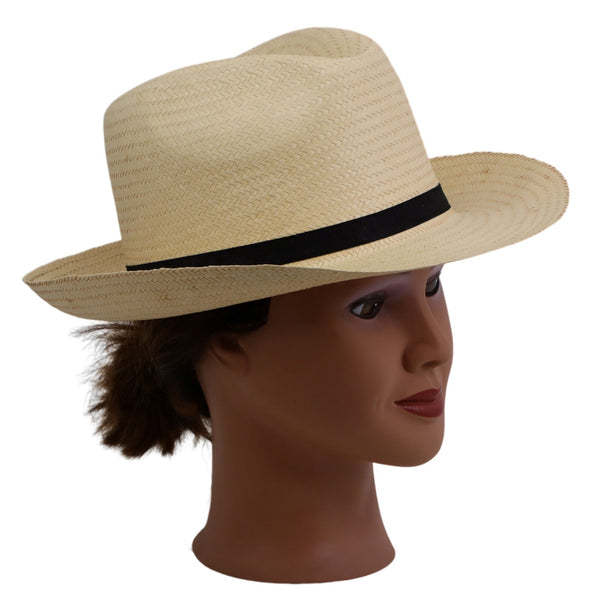 Summer Straw Fedora Panama Hat Black Band Ladies Medium 56cm US New