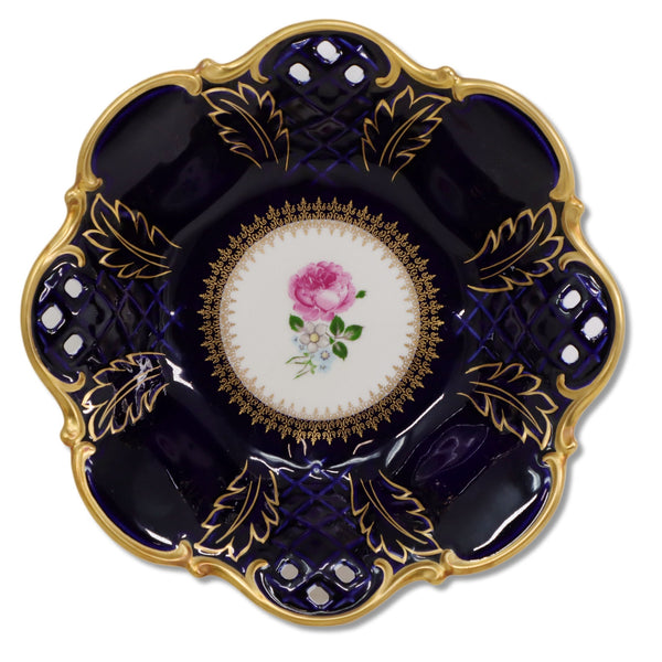 Reichenbach 11" Footed Serving Bowl Pierced Panels Cobalt Blue Baroque 1970's