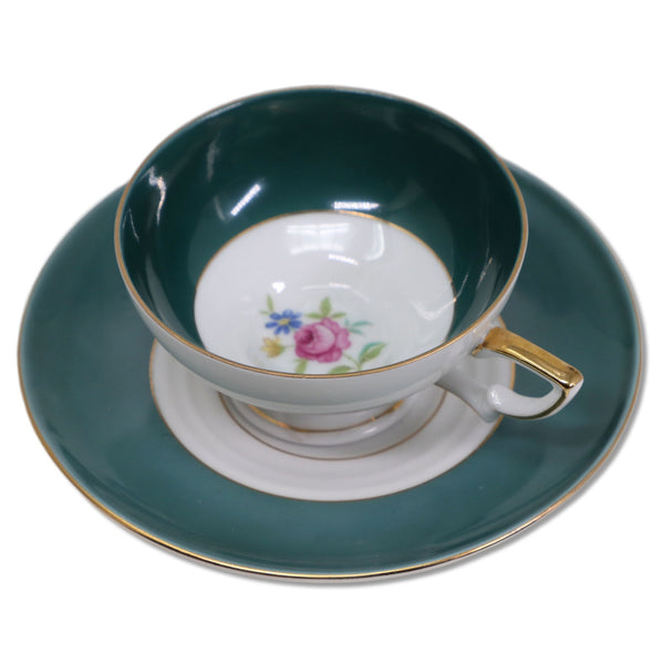 Eschenbach Bavarian A907 Footed Tea Cup Saucer Teal Green Gold Rim Vintage 1940