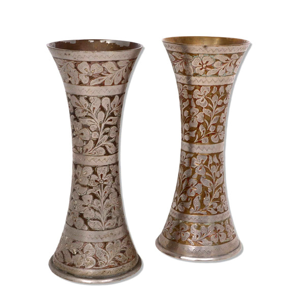 Indian  Brass Bud Vases 5.75" Clover Floral Overlay Vintage 1960's 1 Pair