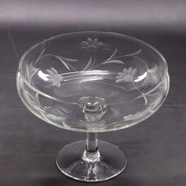 Tuscany Floral Daisy Wheel Ground Glass Footed Compote Bowl 6"Hx8" Vintage 1980