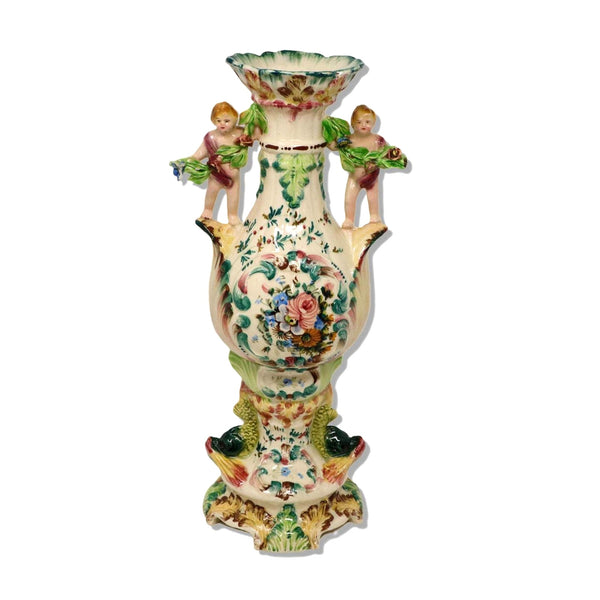 Italian Majolica 14" Amphora Vase Putti Handles Hand Painted Porcelain Late 19th