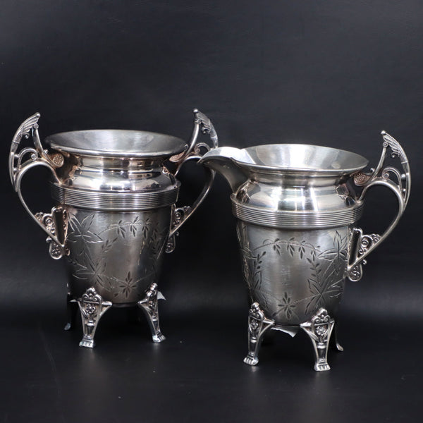 Victorian Wing Handle Bright Cut Silver Plate Sugar Bowl and Creamer Pitcher