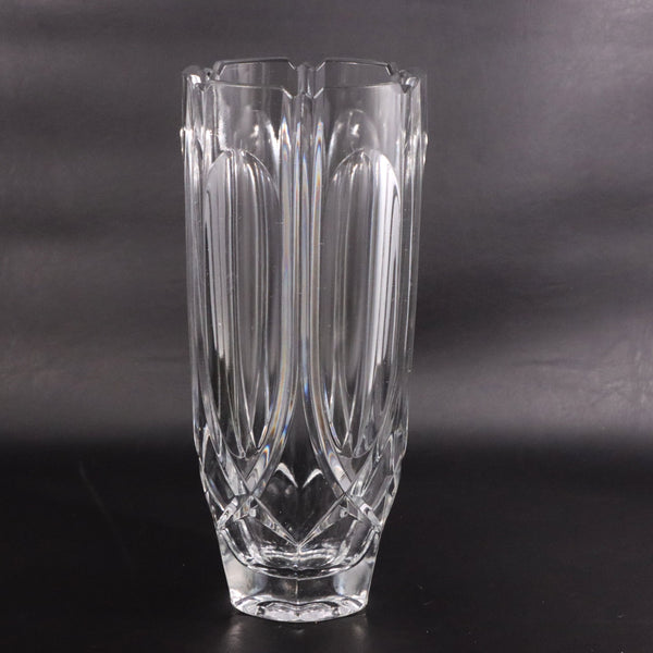 Glass Flower Vase Vertical Grooves Optic Panels Notched Rim 10"