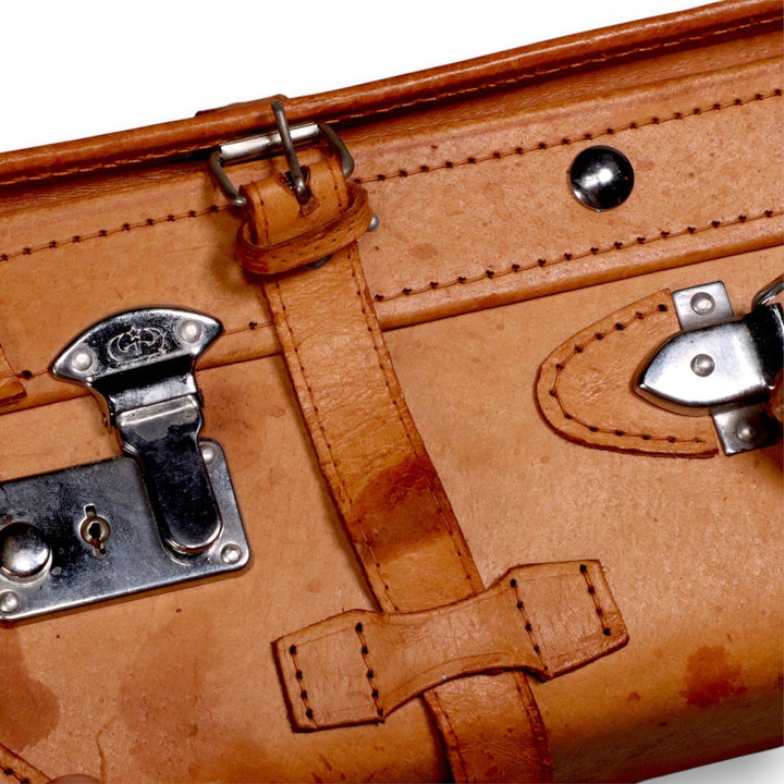 Vintage Tan Leather Suitcase with Chrome Hardware & Straps c.1950s 8973.