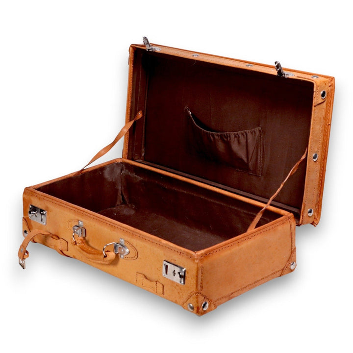 Vintage Tan Leather Suitcase with Chrome Hardware & Straps c.1950s 8973.