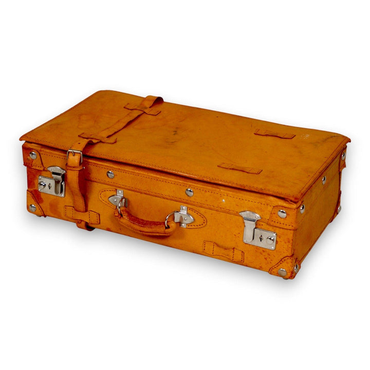 Vintage Tan Leather Suitcase with Chrome Hardware & Straps c.1950s 8973.