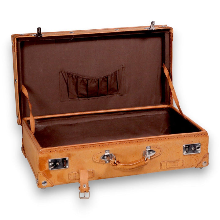 Vintage Tan Leather Suitcase with Chrome Hardware & Straps c.1950s 8973.