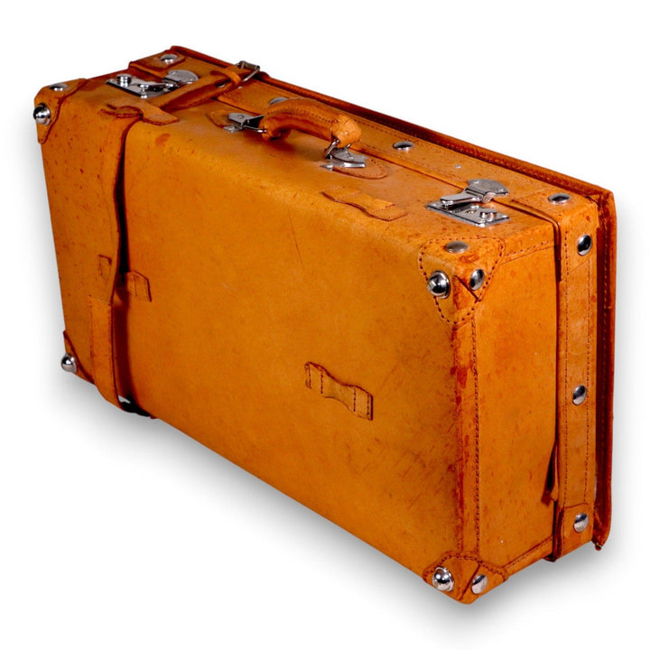 Vintage Tan Leather Suitcase with Chrome Hardware & Straps c.1950s 8973.