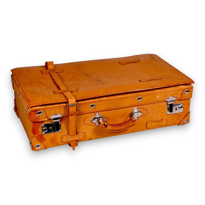 Vintage Tan Leather Suitcase with Chrome Hardware & Straps c.1950s 8973.